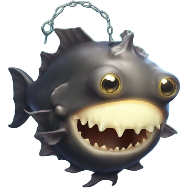 Anglerfish with a glowing lure hanging from its forehead, sharp teeth, and big eyes. emoji