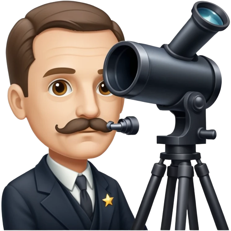 Astronomer Edwin Hubble with mustache, wearing a suit, looking through a telescope with stars in the background emoji