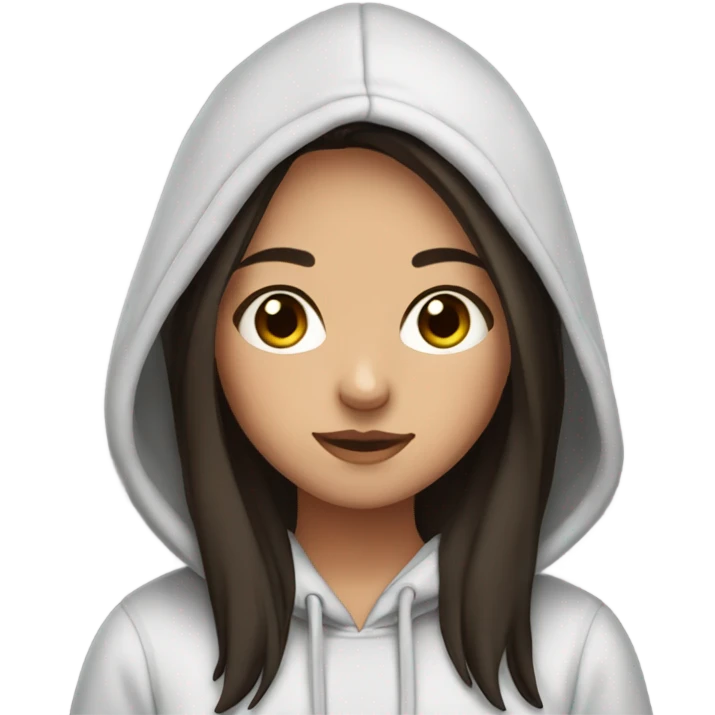 a girl with dark brown straight hair, dark eyes, 20 year old, with a cute hoodie  emoji
