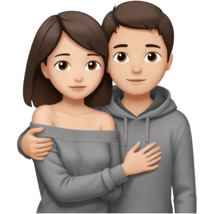 парень брюнет с короткой стрижкой в сером худи, обнимает девушку брюнетку с длинными прямыми волосами в коричневой кофте со спущенными плечами, emoji