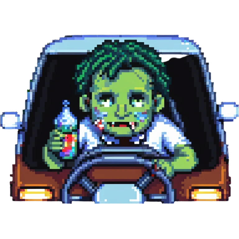 man drinking and driving with exaggerated features, cartoonish, pixel art style emoji