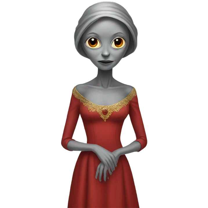 a gray alien woman, full body, in red Romanov dress emoji