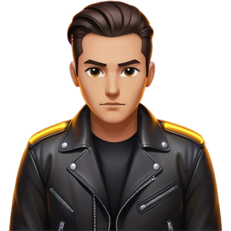 A lone biker with slicked-back hair, wearing a leather jacket, his face partially lit by neon lights emoji