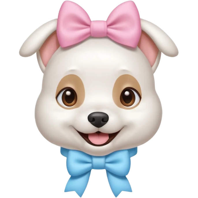 a cute white dog wearing a pink blue pastel bow on his head while he smiles excitedly emoji