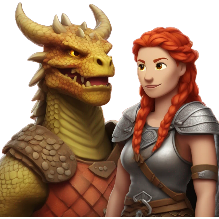 Viking red head dragon queen with a slain Viking solder with a man bun standing on a dragon flying over a volcano in a beautiful sky emoji