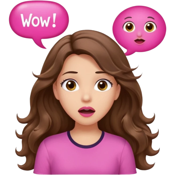 girl with long wavy brown hair, brown eyes, light to medium complexion, in a pink shirt, pink lips, long lashes, surprised, wow speech bubble emoji
