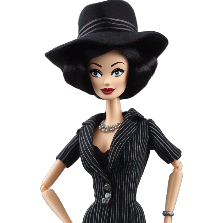 1926 Bouclé Beauty Lingerie Barbie, Morticia Addams from academy, in dark-gray and black striped outfit with hat. Driving 1965 Mercedes 190 emoji