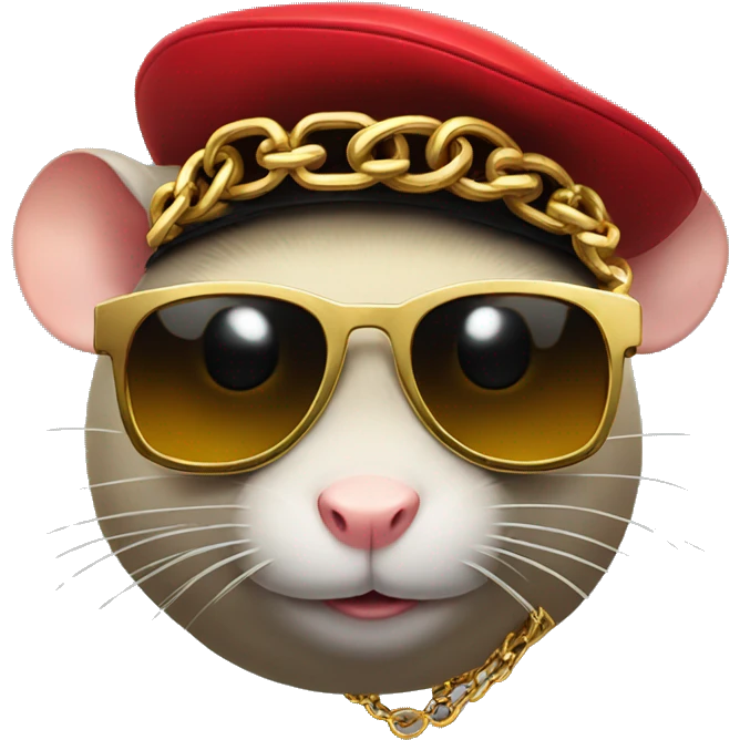 Fat rat with gold chain, and a red hat and sunglasses emoji