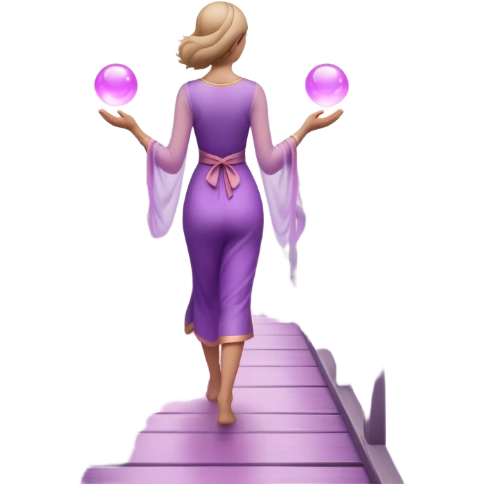 A small figure walks back across a foggy bridge, holding soft pink and purple orbs in each hand—symbolizing compassion and forgiveness. A gentle heart aura trails behind them, showing healing in motion. emoji