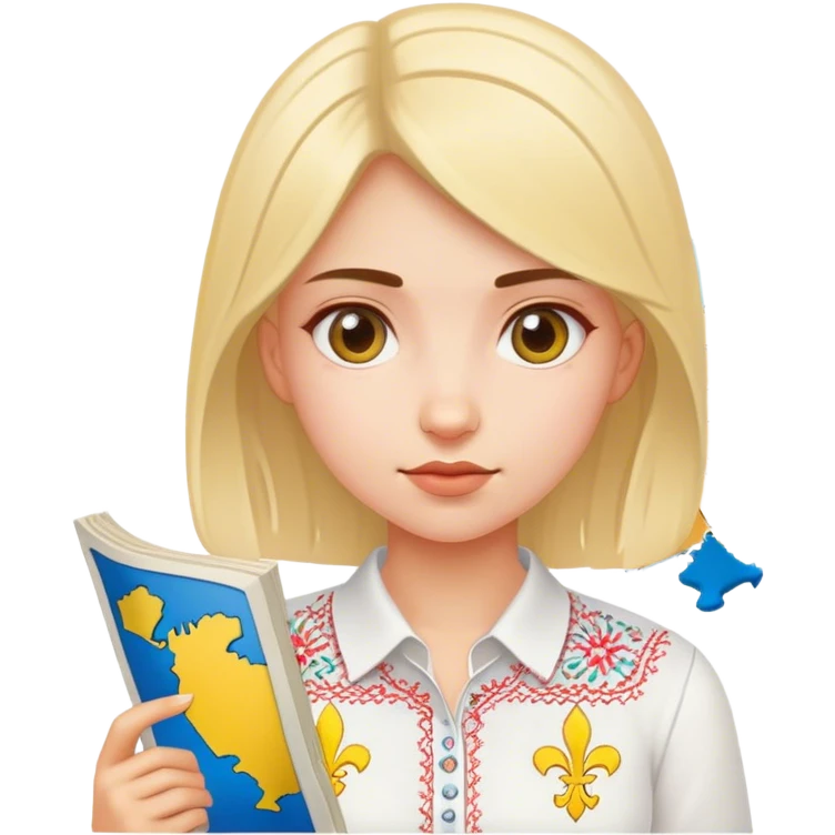 A Ukrainian girl in a white embroidered shirt holds a map of Ukraine emoji