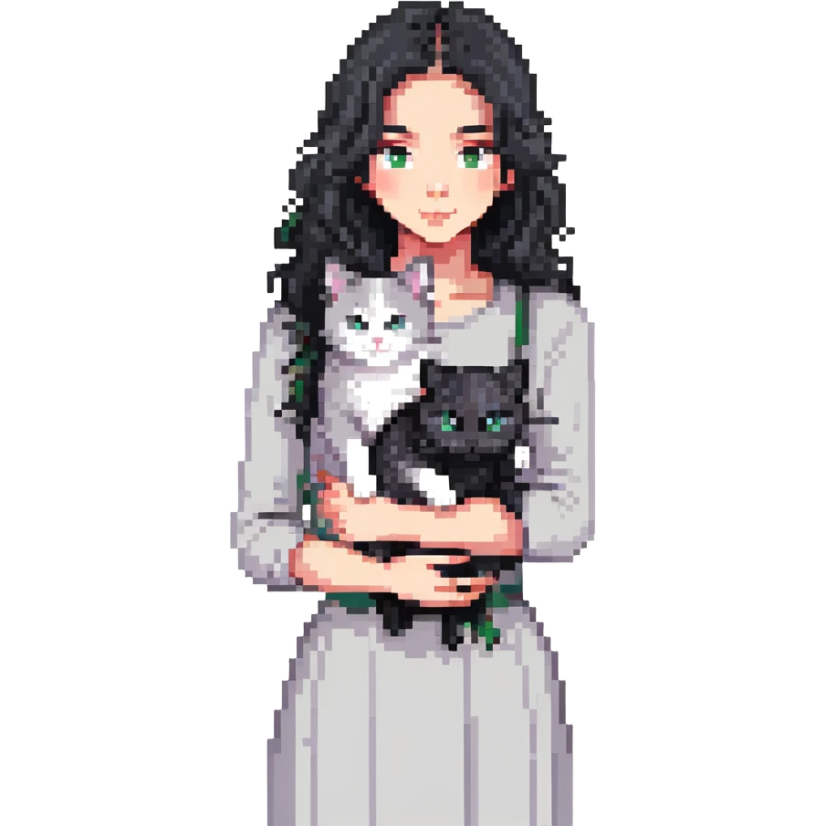 mulher de cabelo preto com gato frajola cinza emoji