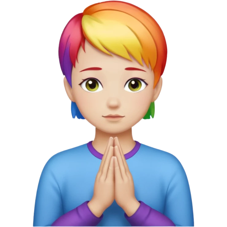White lesbian with short hair rainbow coloured skin with praying hands emoji
