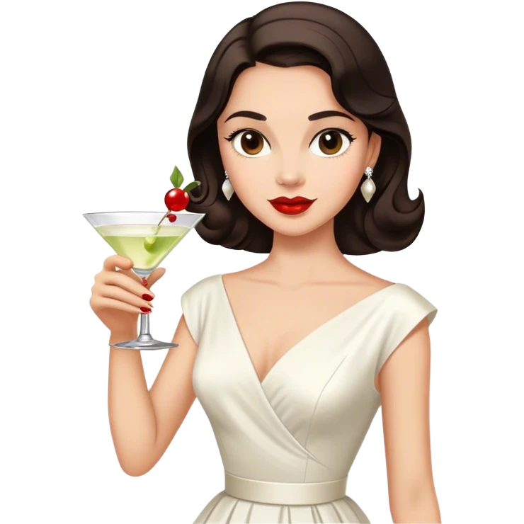 Beautiful woman in 1950’s woman fashion look, white dress, long dark brown hair, martini  emoji