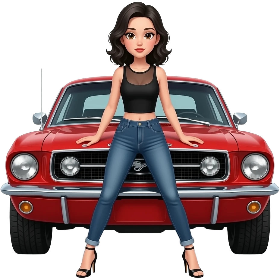 Pale girl with black wavy hair and brown eyes in front of a red ford mustang 1968 coupe. Girl wearing a sheer black sleeveless top, medium neckline, jeans and heels with visible toes. Legs wide spread and hands resting on the hood. emoji