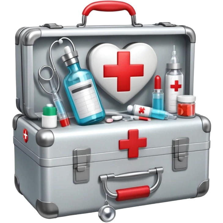 An icon featuring a medical suitcase with a red cross, a bottle of pills, a stethoscope, and a syringe, symbolizing medicine. The design includes a thermometer, bandages, and a heart monitor, representing healthcare and medical treatment. Transparent background highlights the science of healing. emoji