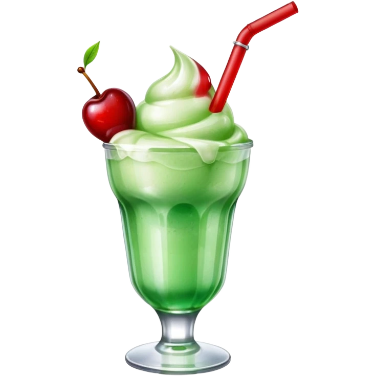 Create an emoji with a clear rounded glass, bright transparent green soda with fine bubbles, a smooth vanilla scoop, a glossy red cherry, and a black straw, using vibrant colors, soft shading, and clear glass highlights.
 emoji