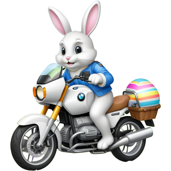 Easter bunny riding a BMW boxer motorcycle with trees and grass in the background and colorful Easter eggs hidden in the grass emoji