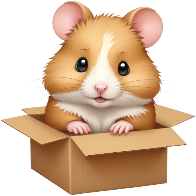  A very cute young  hamster  with one's head tilted to one side poked its paws out of the cardboard big box and placed them on top of it emoji
