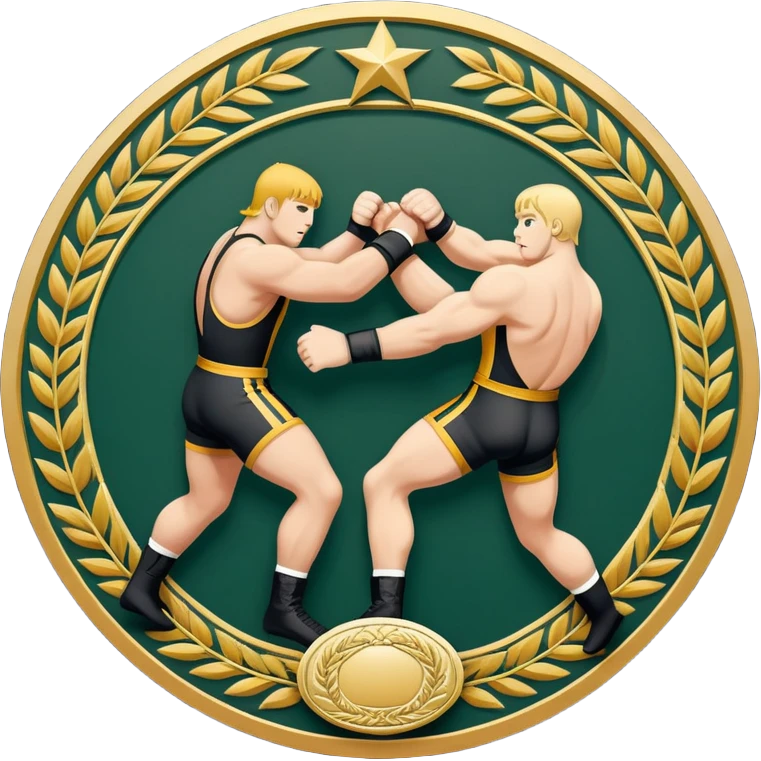 An icon symbolizing wrestling combat sports in the style of an emblem. The design features two wrestlers locked in a powerful grapple, one attempting to take the other down. Surrounding the scene are stylized elements like a championship belt, wrestling mat, and a laurel wreath.  emoji