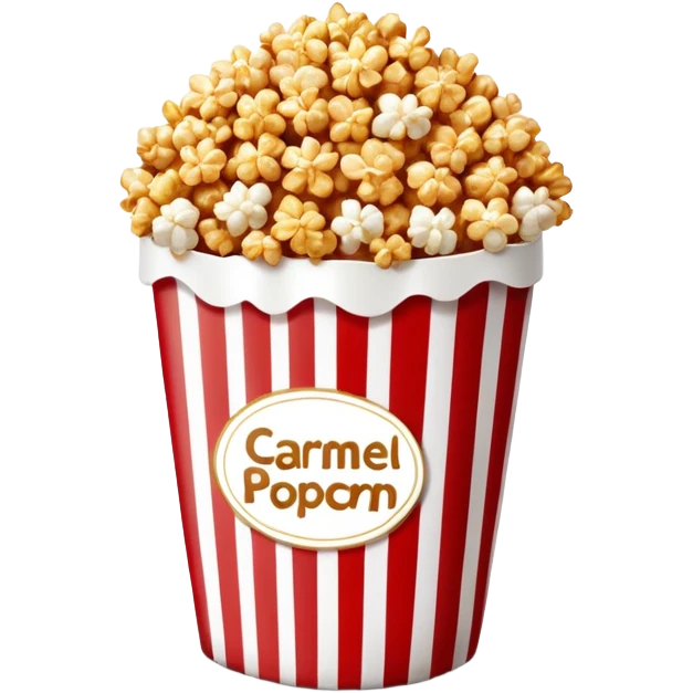 caramel popcorn in a large red and white vertically striped package, thick bold stripes, golden brown caramel popcorn, minimalist design, no text or additional elements on package, only thick red and white stripes pattern, glossy iOS emoji style emoji