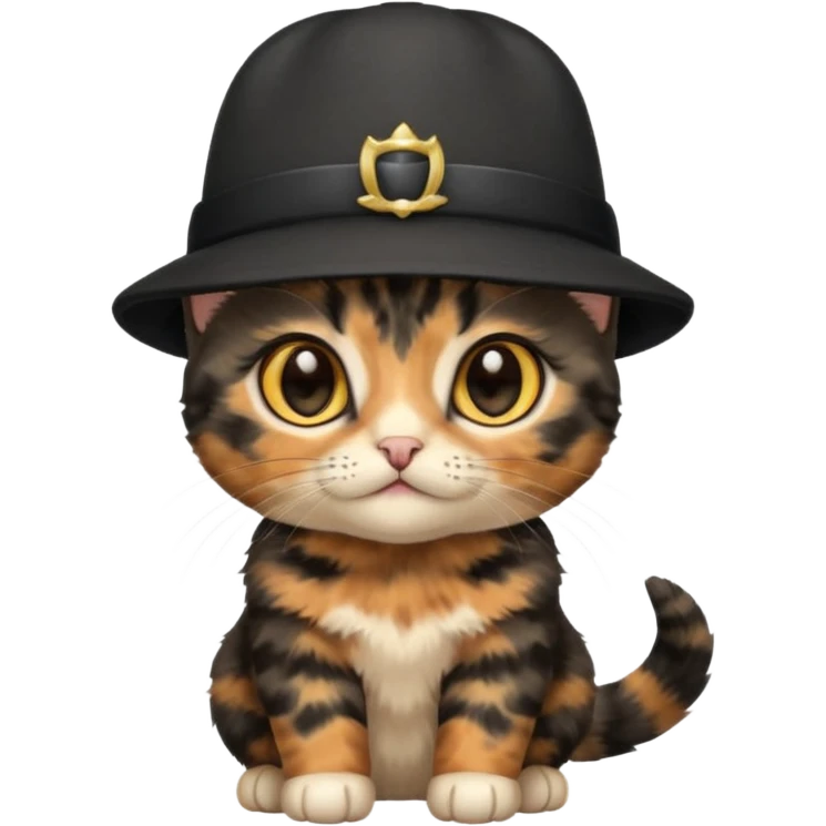 Cute mostly black tortoiseshell kitten wearing a british hat, golden eyes emoji
