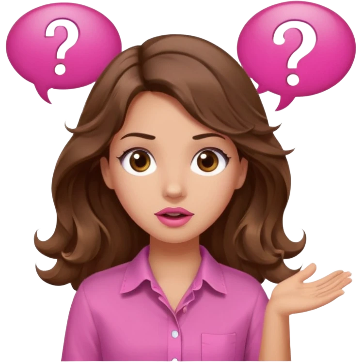 girl with long wavy brown hair, brown eyes, light to medium complexion, in a pink shirt, pink lips, long lashes, shugging, question mark one speech bubble emoji