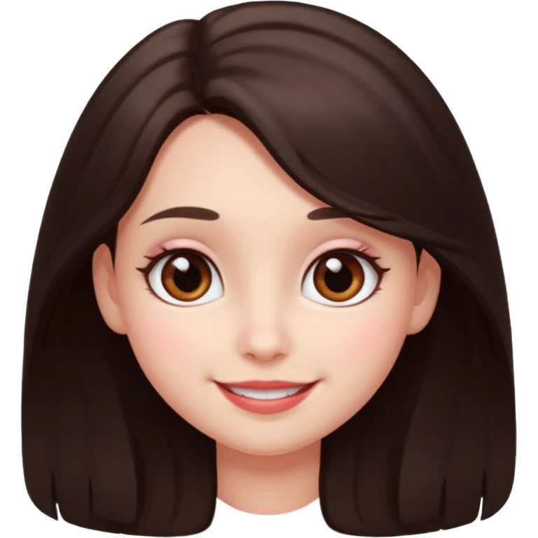 An emoji featuring a girl with dark brown long hair, brown big eyes, light pinkish skin, red cheeks,  emoji