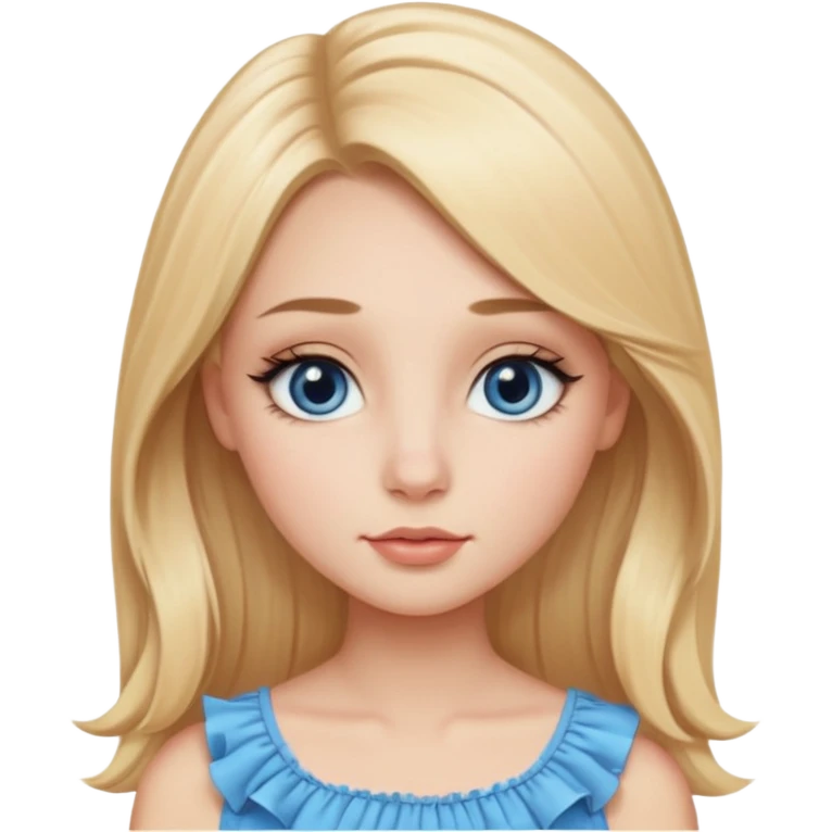 Blonde girl with small close-set blue eyes and eyeliner, long and straight eyebrows, long round nose, wide not full lips, long oval face shape, ruffle peach top, long blow out hair, middle part  emoji