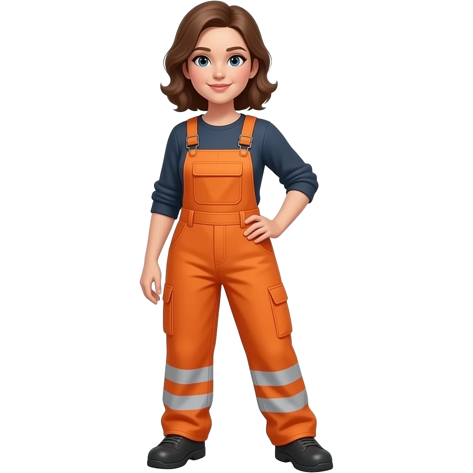 woman, slightly bendind, in full orange hi-vis overalls with sleeves, emoji