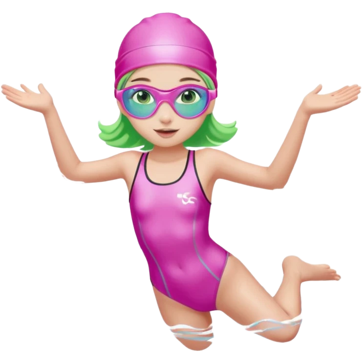 pretty girl with green eyes pink swim cap holographic swimming glasses and cute profesional swimmer pink swimsuit jumping in water emoji