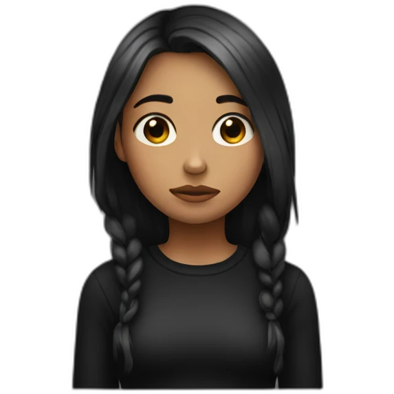 A depressed and sad girl, she wears black, her hair is black, and she has a small mole on her right cheek. emoji