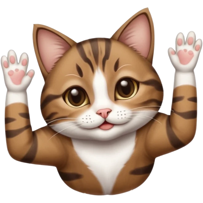 dark brown tabby and white small cat in funny positions upside down with paws covering eyes emoji