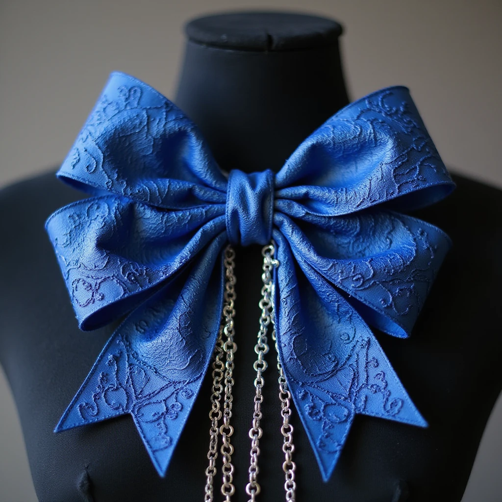 realistic blue gothic bow with lace, dramatic pointed ends, ornate silver chains, transparent background emoji