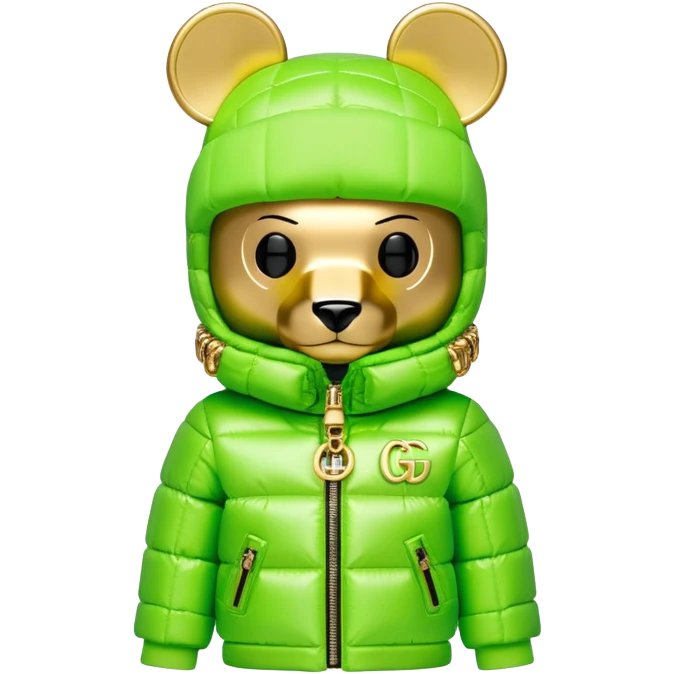 blocky bearbrick figure with cube-shaped head, lime green balaclava with integrated mirrored visor lens, Gucci logo patterned puffer jacket with lavish fur collar and cuffs, luxury statement piece, gold chains emoji