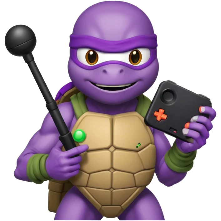 Donatello from Teenage Mutant Ninja Turtles, emoji style, holding a joystick and a tech gadget emoji