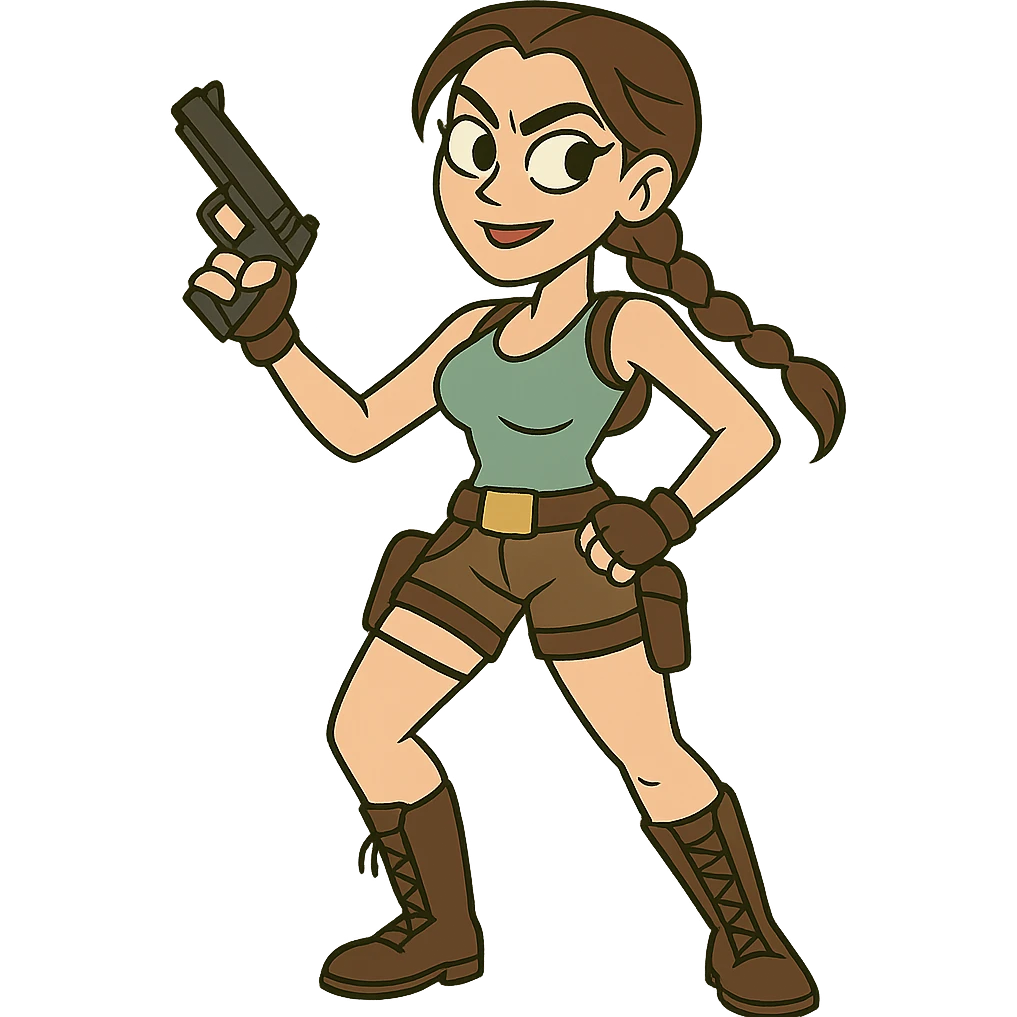 Lara Croft inspired character, cartoon style, adventurous pose, brown hair in braid, tank top, shorts, utility belt, confident expression emoji