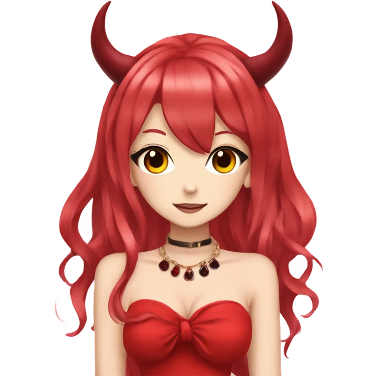hime gyaru girl, devil horns, red hair, red dress emoji