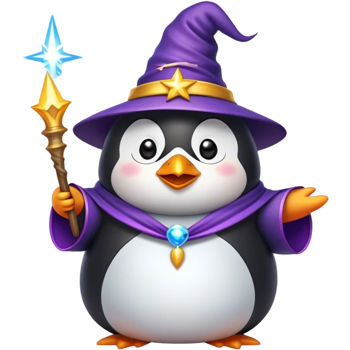 chubby penguin wizard casting a spell, with sparkles around, emoji style emoji