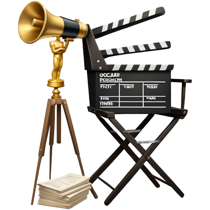 Icon for Directing: professional collage with director's chair, a film slate, a megaphone, a stack of script papers and an Oscar statuette. The icon should represent the creative and leadership aspects of directing, with focus on film and theater production. Transparent background. emoji
