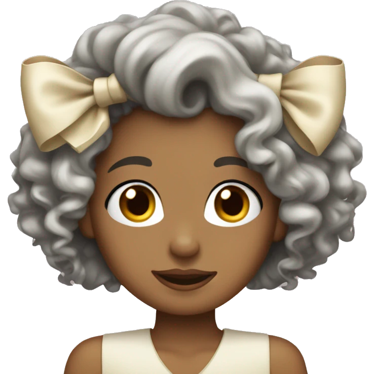 Curly haired brunette wearing a cream colored hair bow emoji