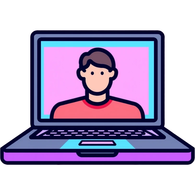 laptop computer with video call showing a person on screen, pink and light blue interface, with neon glow lines, blue neon light on top left, purple neon light on bottom right emoji
