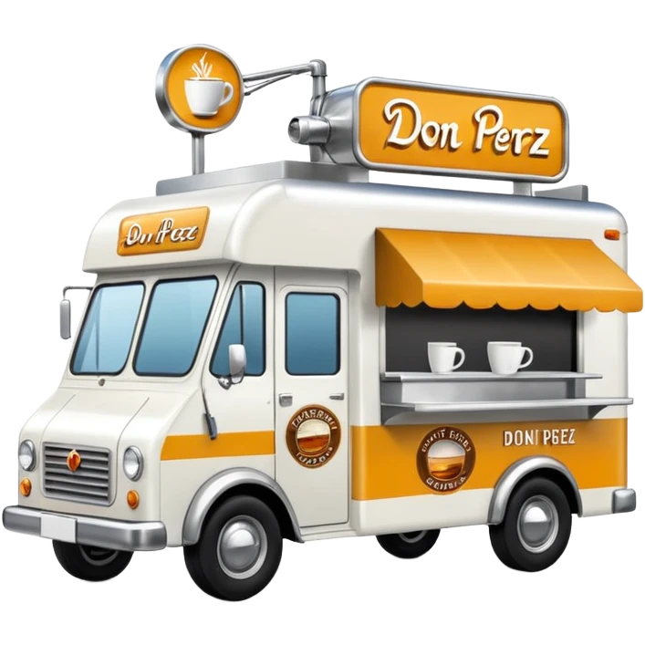 white coffee truck with "Don Perez" cafe sign emoji