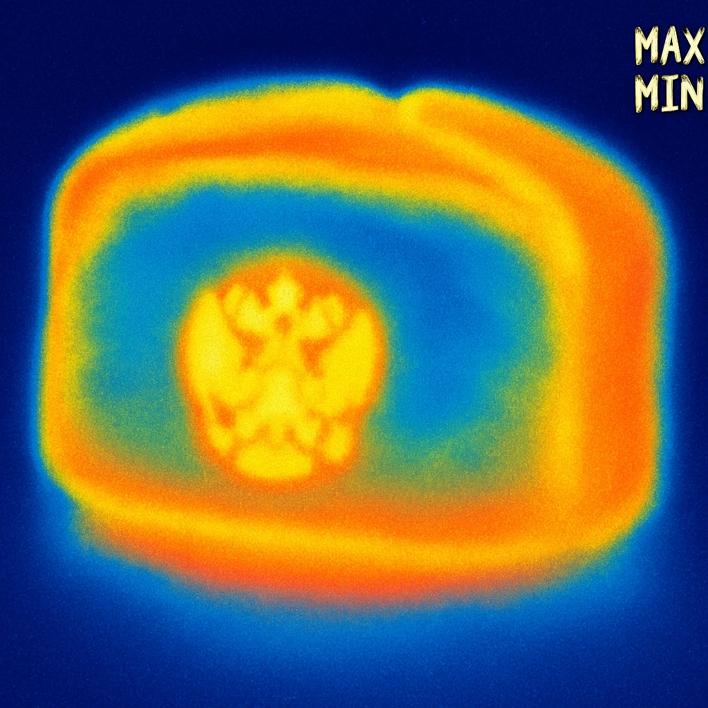 Russian hat ushank with the small coat of arms of Russia, with background, thermal camera style emoji