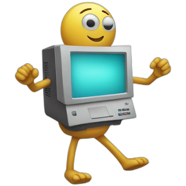 Anthropomorphic computer with arms and legs doing something random emoji