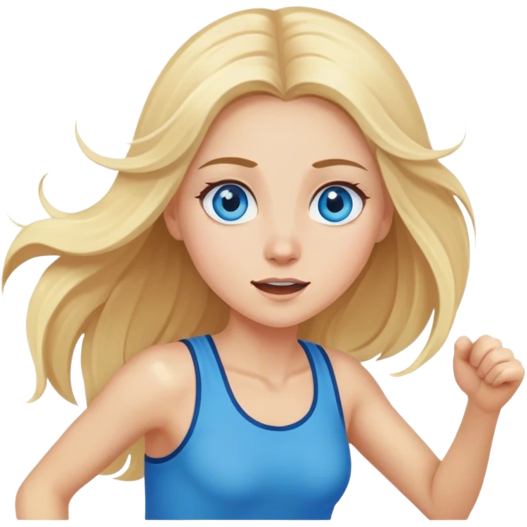 Cinematic realistic blonde with long hair and blue eyes, running emoji