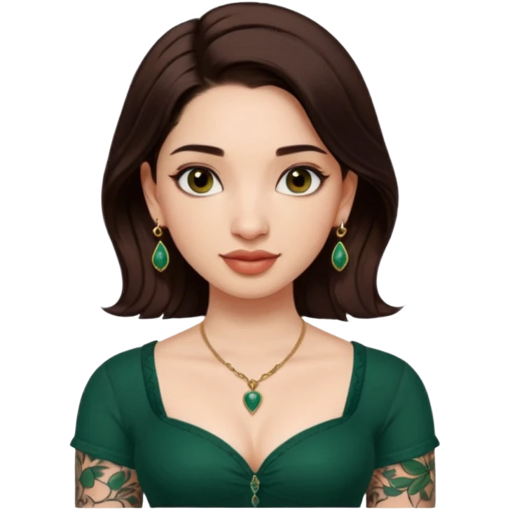 pretty bratz genmoji that looks like tamannah bhatia (bollywood actress), wearing a dark green sweetheart neckline top, dark brown hair, light makeup, no necklace, dangly earrings, side hair part, dark BROWN eyes, with full tattoos and neck tattoo big, fair emoji
