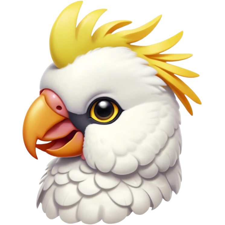 Cinematic Cute Cockatoo Portrait Emoji, Head tilted playfully and inquisitively, featuring a charming, fluffy form with a vividly colored crest, round, sparkling eyes full of playful wonder, and a soft, curved beak, Simplified yet irresistibly adorable features, highly detailed, glowing with a warm, inviting tropical glow, high shine, affectionate and lively, stylized with a touch of whimsical avian charm, soft glowing outline, capturing the essence of a mischievous yet loving cockatoo that seems as if it could flutter out of the screen into your arms! emoji