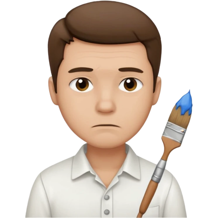 a man in a white buttoned holding a brush with a sad expression emoji