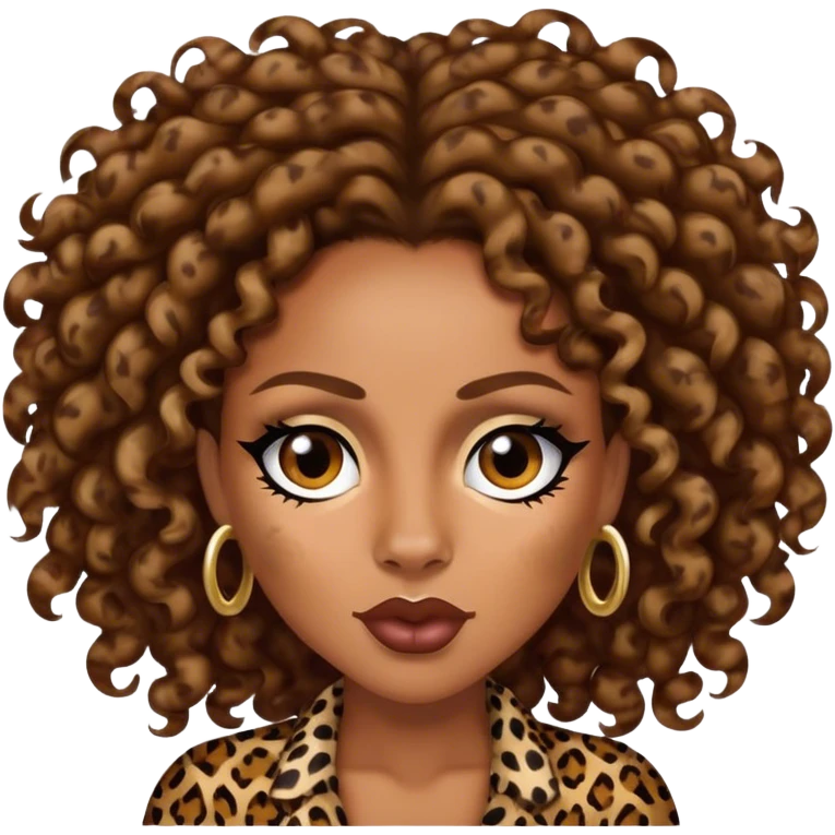 Melanie Brown with brown curls wearing leopard print and sneering emoji
