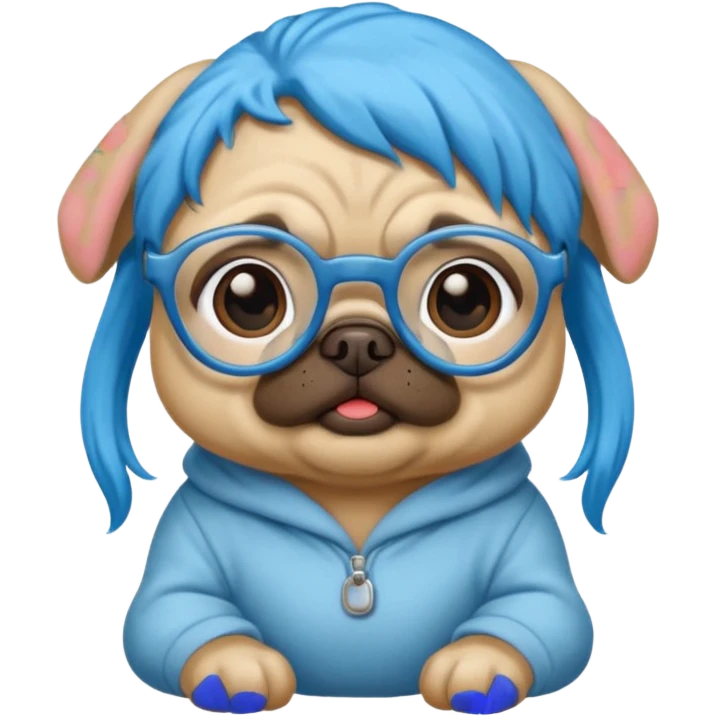 long blue haired baby pug wearing glassess emoji